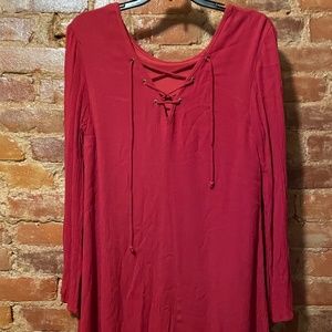 Long Sleeve Lace up Neck Shift Dress